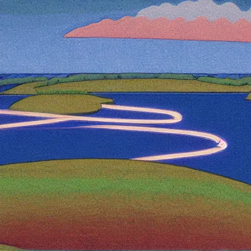 Prompt: a river scene. The river is represented by a line winding through the center of the land art. The banks of the river are represented by two lines, one on each side. Studio Ghibli by John Duncan saturated, improvisational