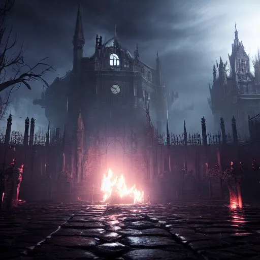 Prompt: bloodborne fps, flames, soft focus, dark, 4 k