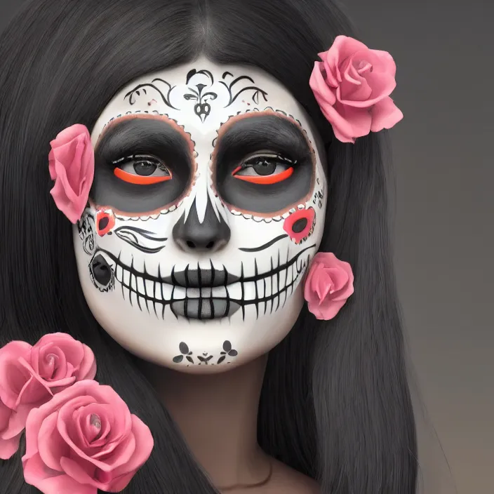 Prompt: a smiling girl with long black hair, her face slightly painted as dia de los muertos, by alozuniga. with the style of arcane ( 2 0 2 1 ). digital draw, digital art, trending on instagram, digital painting. octane render, unreal engine, beautiful lips.