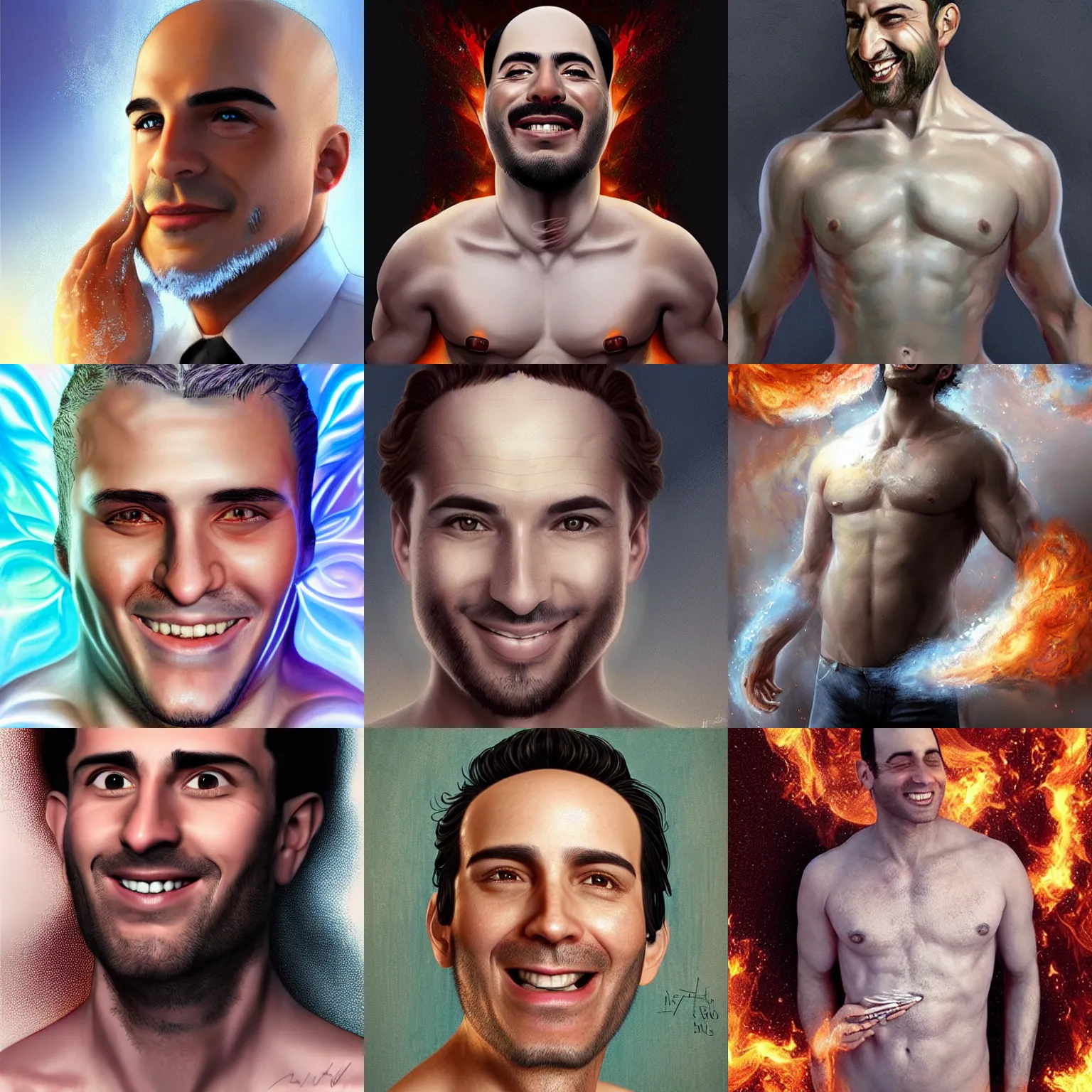 Prompt: a happy white spanish - jewish - latino man in his early 4 0 s, shaved face, divine fire is enveloping his body and head, digital art by artgerm