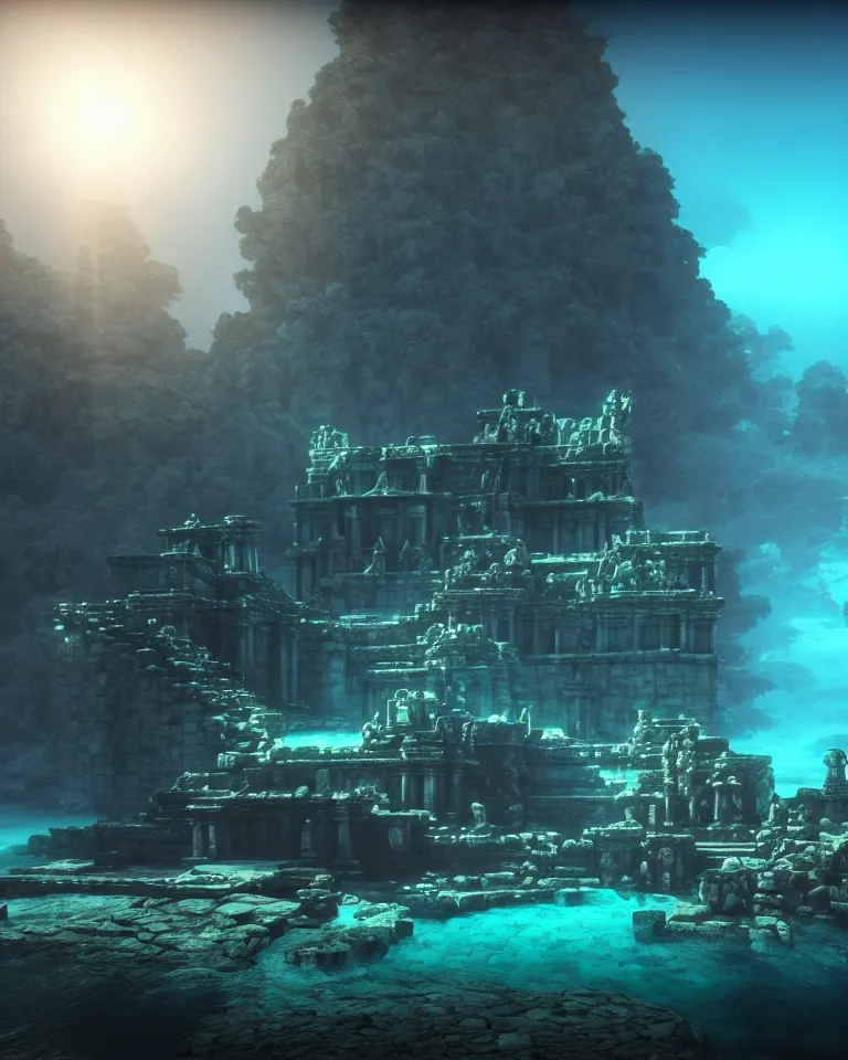 Image similar to ultrawide shot of submerged pre - incan temple, anime style mixed with fujifilm, dark, underwater, symmetrical, bubbles, abyss, dark, murky, foggy, atmospheric, crepuscular rays, artstation, cgsociety, octane render, cgi, unreal engine 5, denoise, detailed, cinematic masterpiece