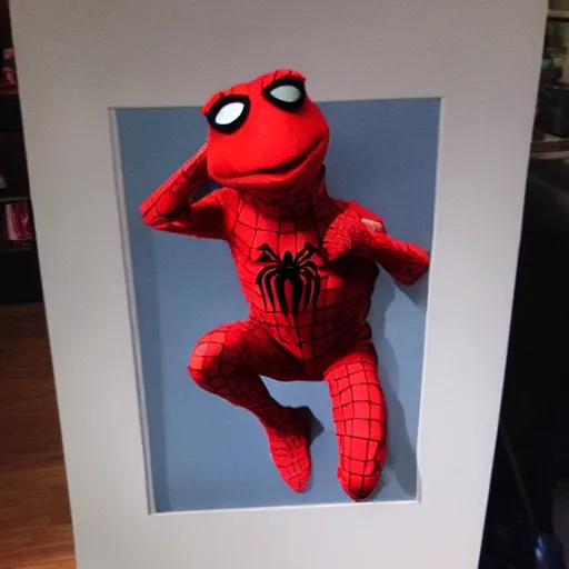 Image similar to Kermit dressed as spiderman.