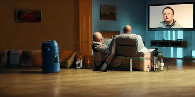 Prompt: full distant shot of sad bald poor dirty elon musk drinking a can of beer in the couch while watching tv in a dirty house, very realistic photograph, cinematic lighting, dardenne brothers