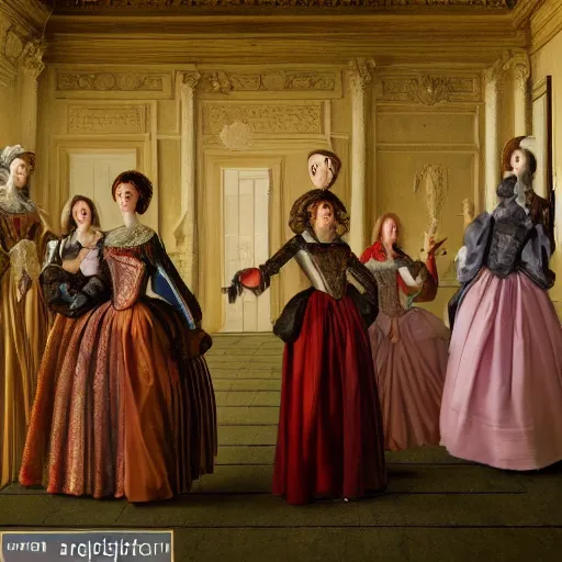 Prompt: fine art, oil on canvas. six women in a vast castle lobby wearing fine clothes, two of them are drinking tea. dark room with light coming through the right side. baroque style 1 6 5 6. high quality realistic recreation of illumination shadows and colors, no distortion on subject faces.