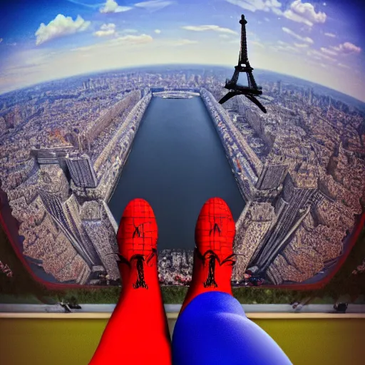 Image similar to two - point perspective landscape of spider man sitting on top of the eiffel tower