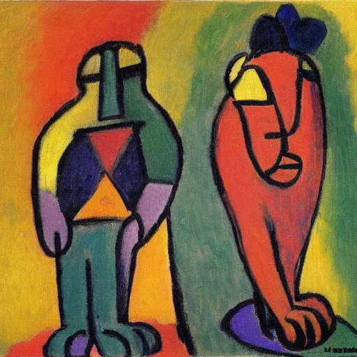 Image similar to painting of a lion female and a male, in a city, by alexej von jawlensky