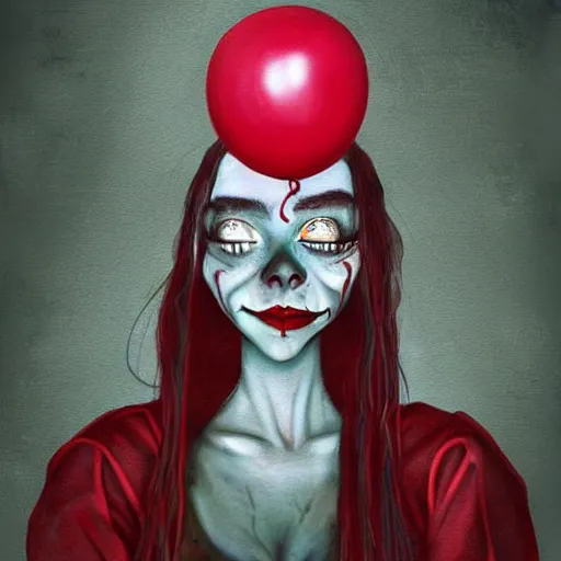 Image similar to grunge painting of a billie eilish with a wide smile and a red balloon by tim burton, loony toons style, pennywise style, corpse bride style, rick and morty style, creepy lighting, horror theme, detailed, elegant, intricate, conceptual, volumetric light