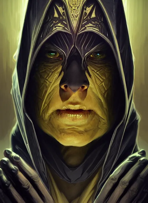 Image similar to portrait of an evil sith-lord, human face, evil yellow eyes, enraged, angry, dark evil robes, intricate, elegant, highly detailed, digital painting, artstation, concept art, smooth, sharp focus, illustration, art by artgerm and greg rutkowski and alphonse mucha