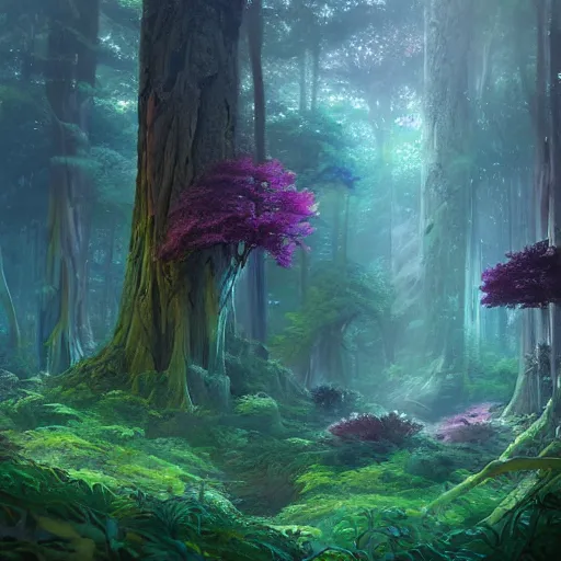 Image similar to concept art painting of a mystical alien fantasy forest, with fog and strange colorful plants, realistic, detailed, cel shaded, magenta and blue and green, in the style of makoto shinkai and greg rutkowski and james gurney