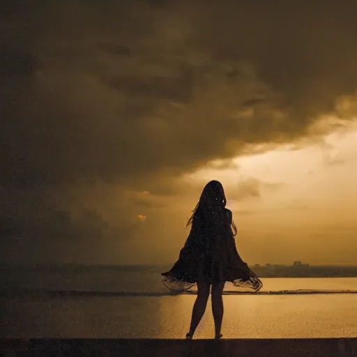 Image similar to cinematic scene of a young mexican woman wearing a wet short white dress and looking up to the raining sky smiling with her arms stretched out in a cyberpunk city at sunset,