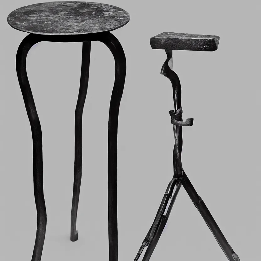 Image similar to an impossible quantum readymade object named Roue de Bicyclette sur tabouret, by Marcel Duchamp on a pedestal, packshot, by Irving Penn and Man Ray, 4k