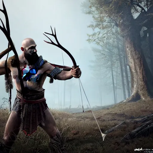 Image similar to kratos teaching atreus how to hunt deer with a bow in a forest, stunning 3 d render inspired art by greg rutkowski and xiang duan and thomas eakes, perfect facial symmetry, flesh texture, realistic, highly detailed attributes and atmosphere, dim volumetric cinematic lighting, 8 k octane detailed render, post - processing, masterpiece, rtx on, rendering on unreal engine