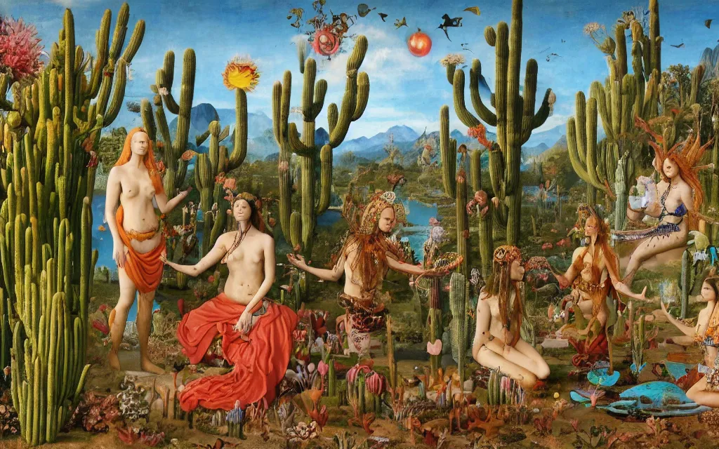 Prompt: a portrait photograph of a meditating mermaid shaman and a centaur prince feeding tropical animals at a wide river delta. surrounded by bulbous flowers, animals, trees and cacti. mountain range under a vast blue sky of burning stars. painted by jan van eyck, max ernst, ernst haeckel and artgerm, cgsociety, artstation, fashion editorial