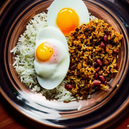 Image similar to A delicious plate of beans and rice, egg, garnish, food photography, michilin star