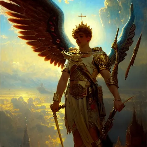 Image similar to saint michael the angel, guarding the world from evil. highly detailed painting by gaston bussiere, greg rutkowski 8 k