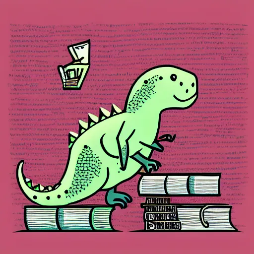 Image similar to dinosaur with books for scales, cartoon artwork, logo, clean design, minimalist