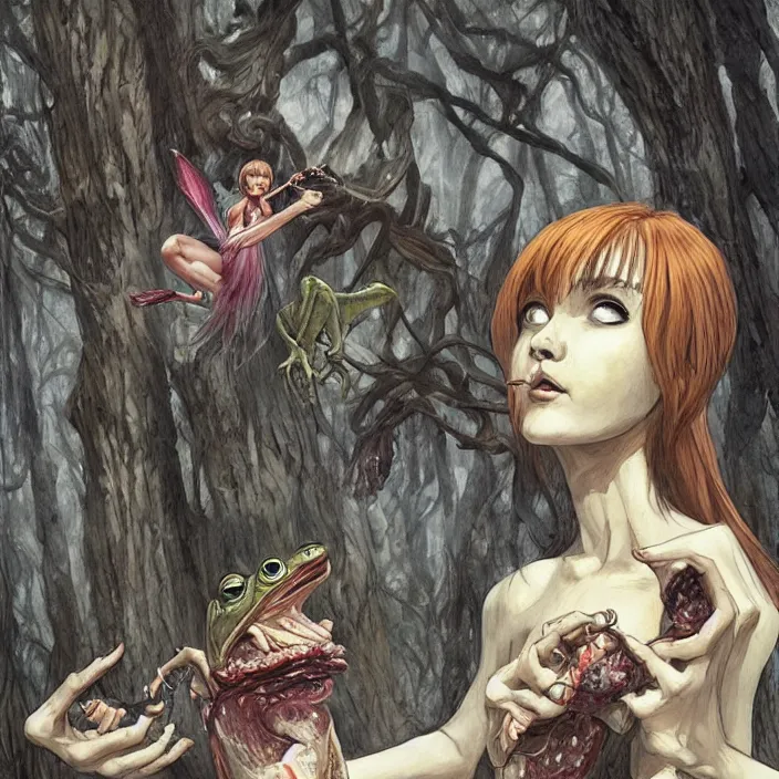 Image similar to portrait of Carnivore godlike fairy eating a frog alive, Junji Ito and Greg rutkowski