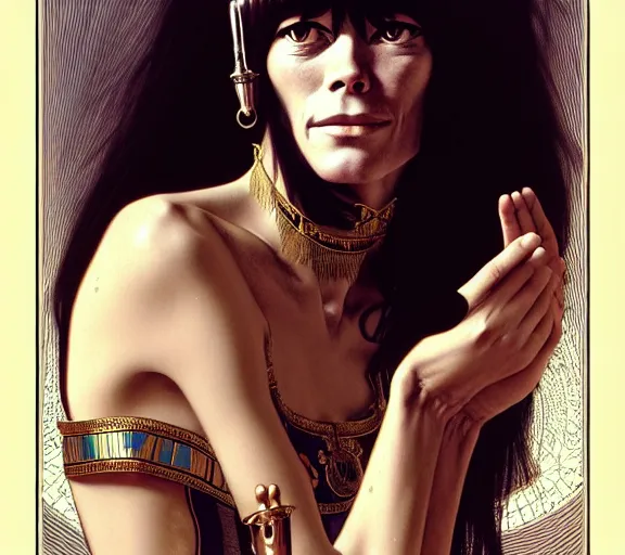 Image similar to photography francoise hardy with hands - up and hairy armpits, dressed like cleopatra, deep focus, intricate, elegant, highly detailed, digital painting, artstation, concept art, matte, sharp focus, illustration, art by artgerm and greg rutkowski and alphonse mucha and gil elvgren