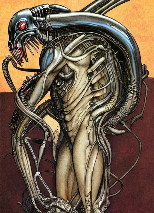 Image similar to a copic maker art nouveau portrait of a xenomorph by norman rockwell and giger