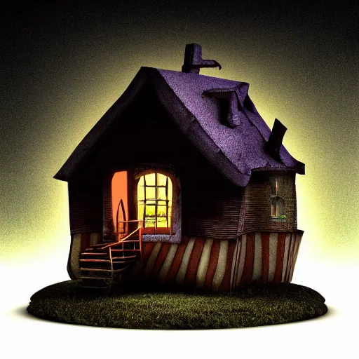 Prompt: strange little house by Tim Burton, dark background, volumetric lighting