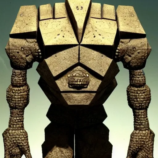 Image similar to Golem made from iron and a head shaped like a 4 sided dice. Dark Fantasy, mork borg ,concept art