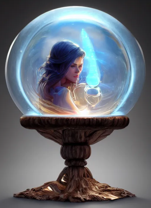 Image similar to crystal ball on a wood stand with a beautiful dreamscape inside, studio product photography, centered, super highly detailed, professional digital painting, artstation, concept art, smooth, sharp focus, extreme illustration, unreal engine 5, photorealism, beautiful, cinematic, art by artgerm and rutkowski and alphonse mucha and loish and wlop