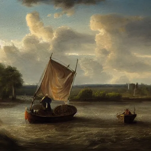 Prompt: Dutch landscape, photorealistic, Captain Jack on boat with a jar of sand, 8K, detailed, clogs 2977599487