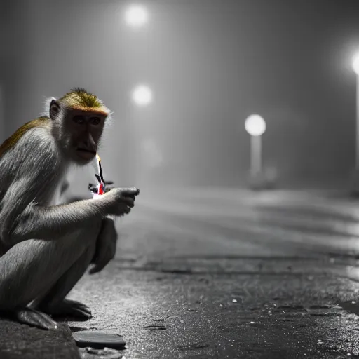 Image similar to contre - jour photo of a monkey smoking a cigarette on a bridge at night under rain, lightened by street lamps, award winning photography