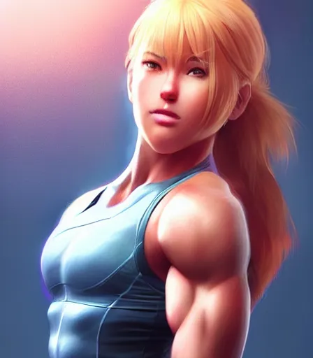 Image similar to beautiful portrait of a gorgeous personal trainer who looks like Samus Aran , character design by charlie bowater, ross tran, artgerm, and makoto shinkai, detailed, soft lighting, rendered in octane