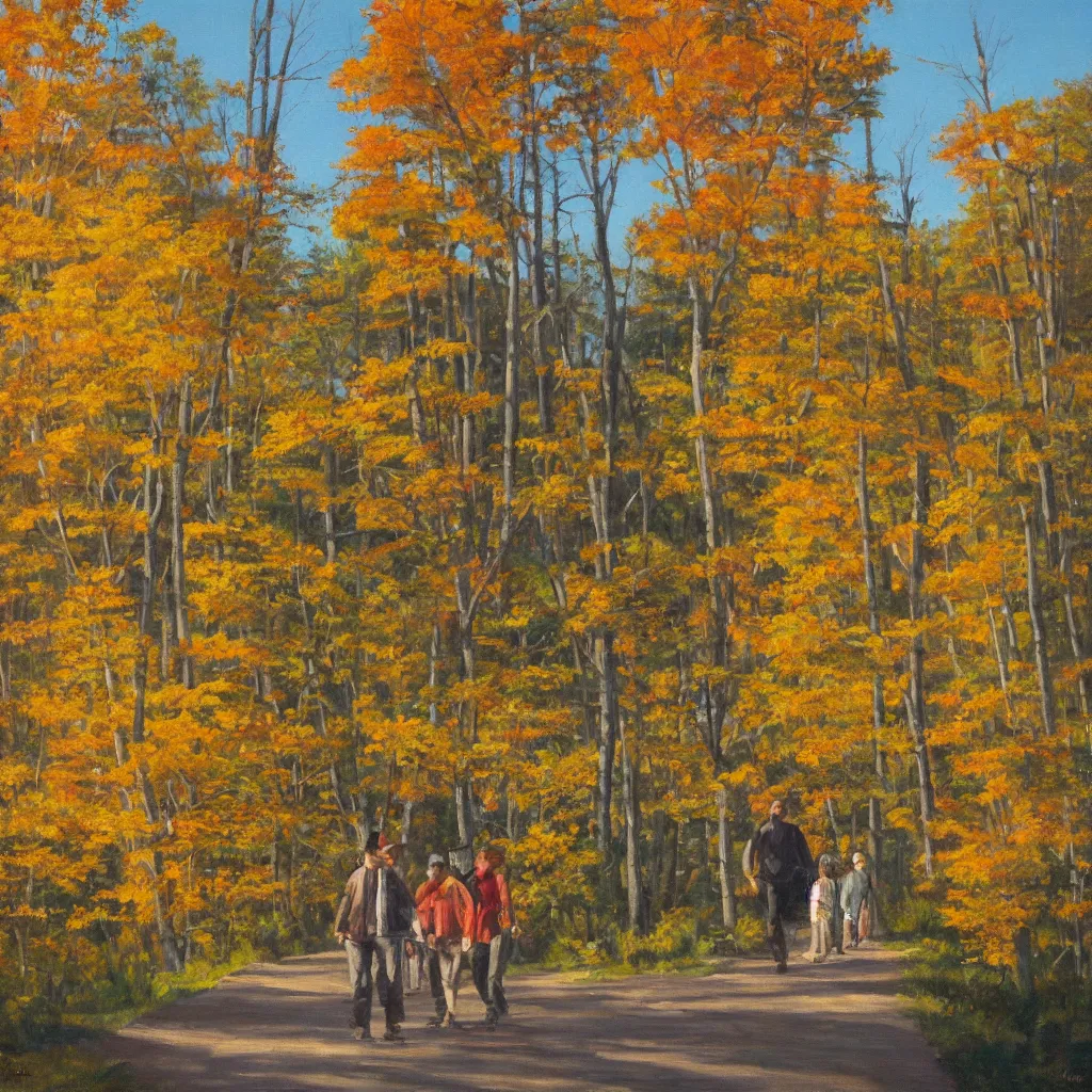 Image similar to modern american realist oil painting of walking together in the late afternoon golden hour light of gatineau park in october