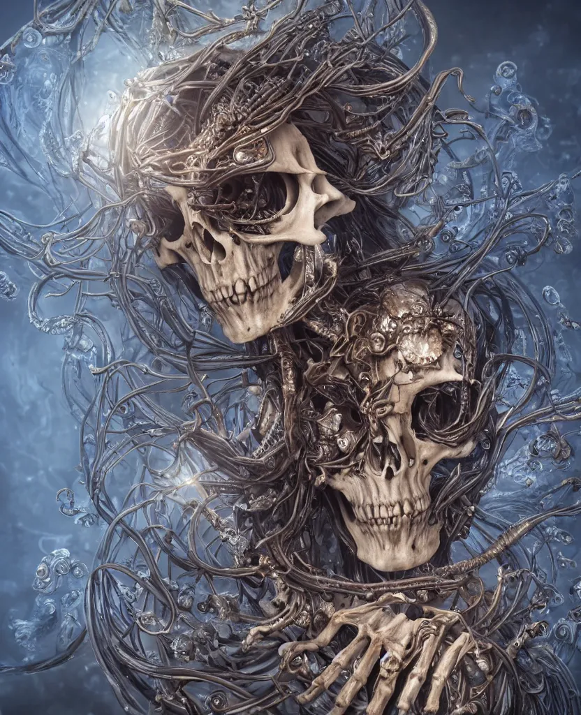 Image similar to close-up macro portrait of the face of a beautiful princess with animal skull mask and ribcage, skeleton epic angle and pose, symmetrical artwork, 3d with depth of field, blurred background, cybernetic jellyfish female face skull phoenix bird, translucent, nautilus, energy flows of water and fire. a highly detailed epic cinematic concept art CG render. made in Maya, Blender and Photoshop, octane render, excellent composition, cinematic dystopian brutalist atmosphere, dynamic dramatic cinematic lighting, aesthetic, very inspirational, arthouse. y Greg Rutkowski, Ilya Kuvshinov, WLOP, Stanley Artgerm Lau, Ruan Jia and Fenghua Zhong