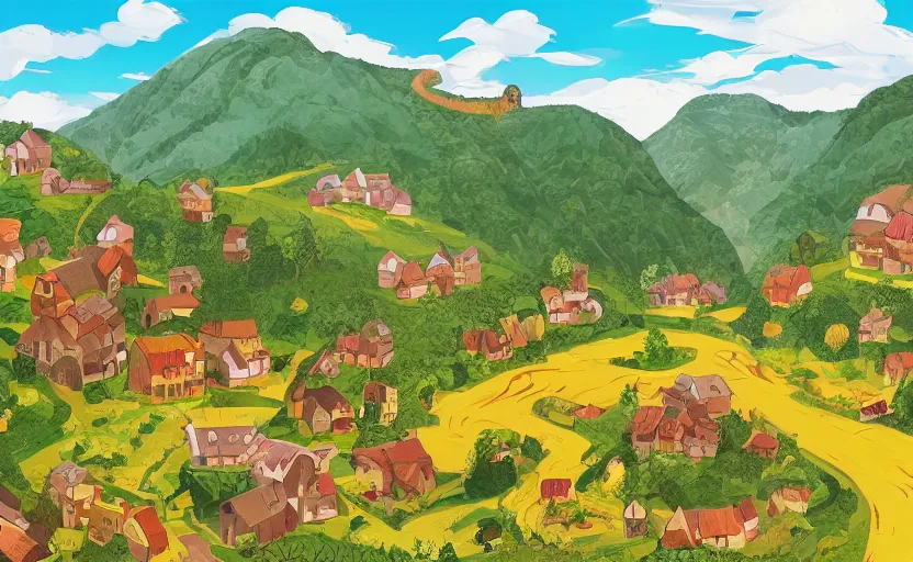 Prompt: a small village in a valley, villagers busy farming, a dragon approaching from a distance, storybook, gouache, flat, sharp edges, golden ratio, concept art, print