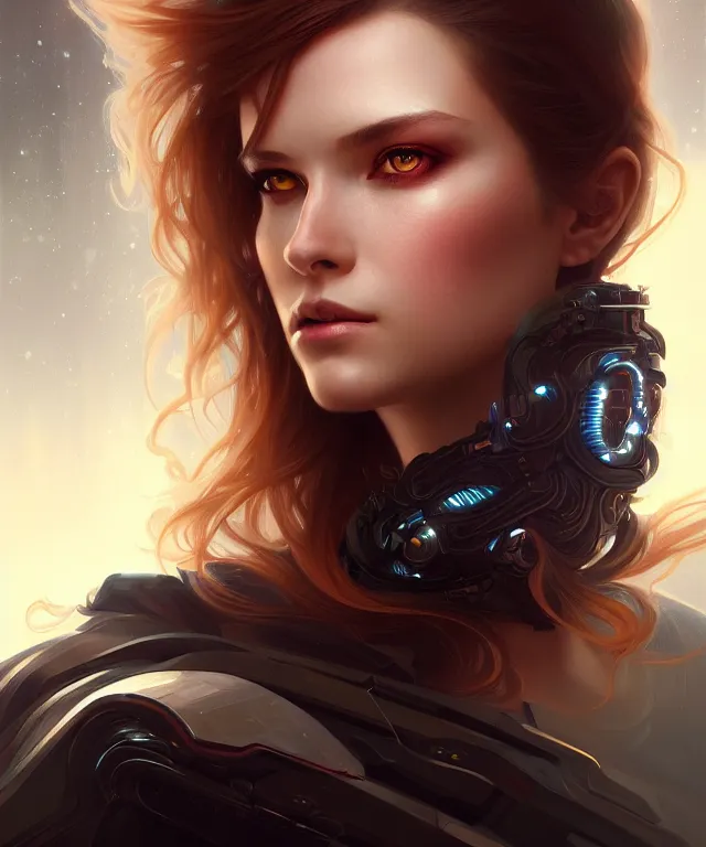 Image similar to futuristic young woman portrait, sci-fi, amber eyes, face, long hair, fantasy, intricate, elegant, highly detailed, digital painting, artstation, concept art, smooth, sharp focus, illustration, art by artgerm and greg rutkowski and alphonse mucha