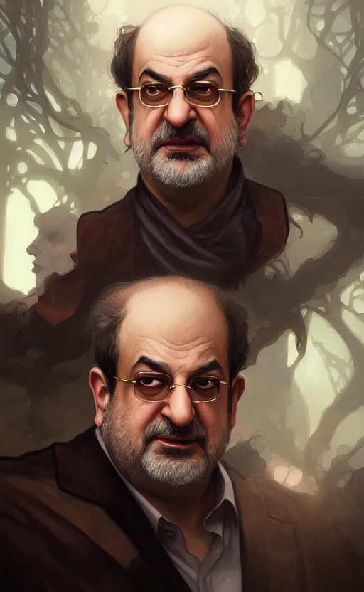 Image similar to portrait of salman rushdie, deep focus, d & d, fantasy, intricate, elegant, highly detailed, digital painting, artstation, concept art, matte, sharp focus, illustration, art by artgerm and greg rutkowski and alphonse mucha