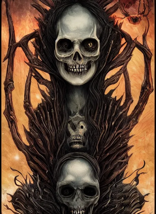 Image similar to queen of heats death tarot card, highly detailed, half skull face, cinematic, 8 k, bymegan duncanson, benjamin lacombe, naoto hattori, adrian borda, giger, trending on deviantart, hyper detailed, horror, full of colour