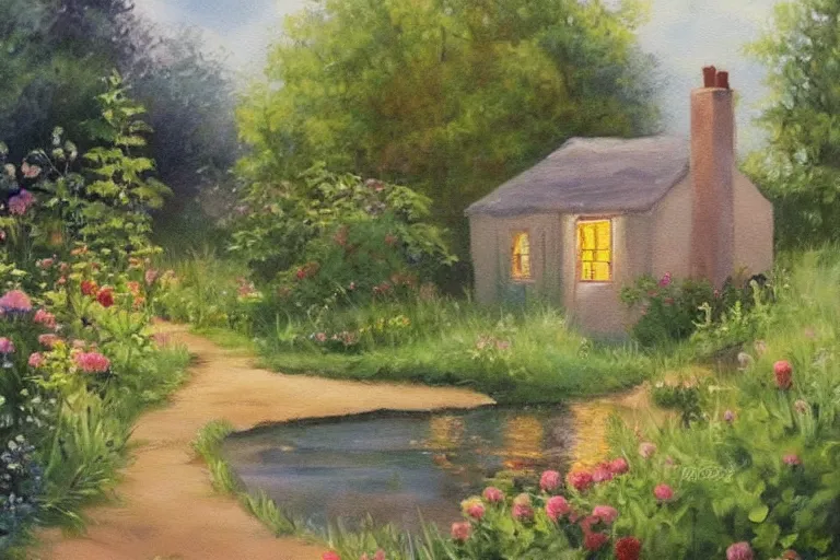 Prompt: a beautiful painting of a little cottage