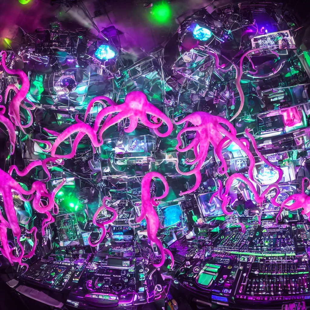 Image similar to award winning photo of an octopus! as a dj with tentacles! simultaneously placed turntables cdjs and knobs of a pioneer dj mixer. sharp, blue and fuschia colorful lighting, in front of a large crowd, studio, medium format, 8 k detail, volumetric lighting, wide angle, at an outdoor psytrance festival main stage at night