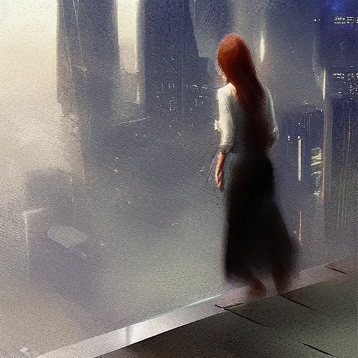 Prompt: “ a girl standing on a ledge looking down at a futuristic new york city below, storm clouds, digital art, hyper - realism, sketch by craig mullins ”