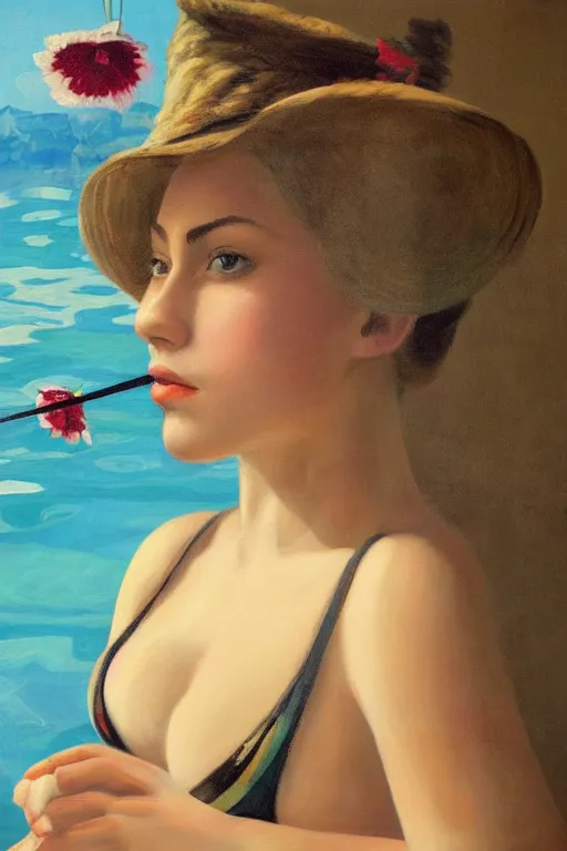 Prompt: portrait of courtesan annasophia robb, at a pool, highly detailed, artstation, illustration, John Singer Sargant, Magritte