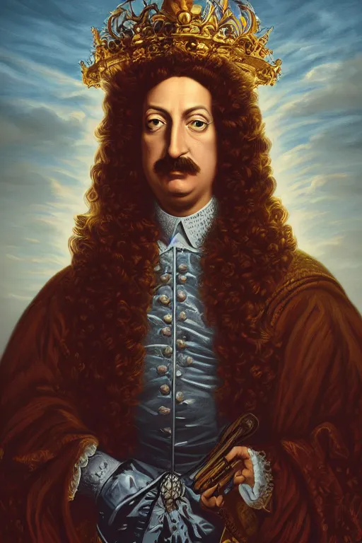 Image similar to Dan Mumford style portrait of ((Louis xiv)) in the style of Rob Lefield and Dan Mumford Dan Mumford , Greg rutkowski, trending on artstation, digital art, surrealism, macro, vaporwave