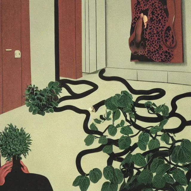 Image similar to a female pathology student in her apartment, wild berry vines, pig, black walls, ikebana, snakes, black armchair, sculpture, acrylic on canvas, surrealist, by magritte and monet