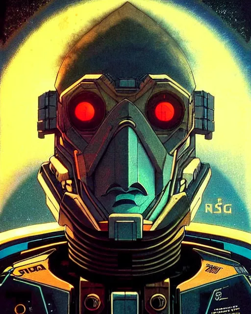 Image similar to sigma from overwatch, crazy look in his eyes, character portrait, portrait, close up, concept art, intricate details, highly detailed, vintage sci - fi poster, retro future, in the style of chris foss, rodger dean, moebius, michael whelan, and gustave dore