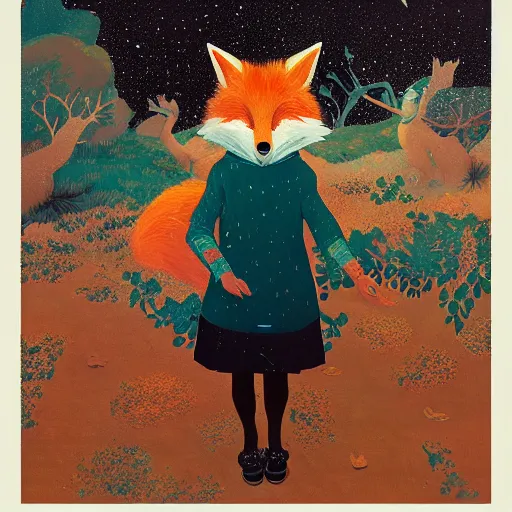 Image similar to little girl dressed as a fox on the prowl oil painting victo ngai