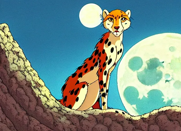 Image similar to a still from a studio ghibli movie of a cartoon cheetah from princess mononoke ( 1 9 9 7 ), in front of a pale full moon, full body, wide shot, very dull muted colors, studio ghibli, highly detailed, deviantart, art by artgem