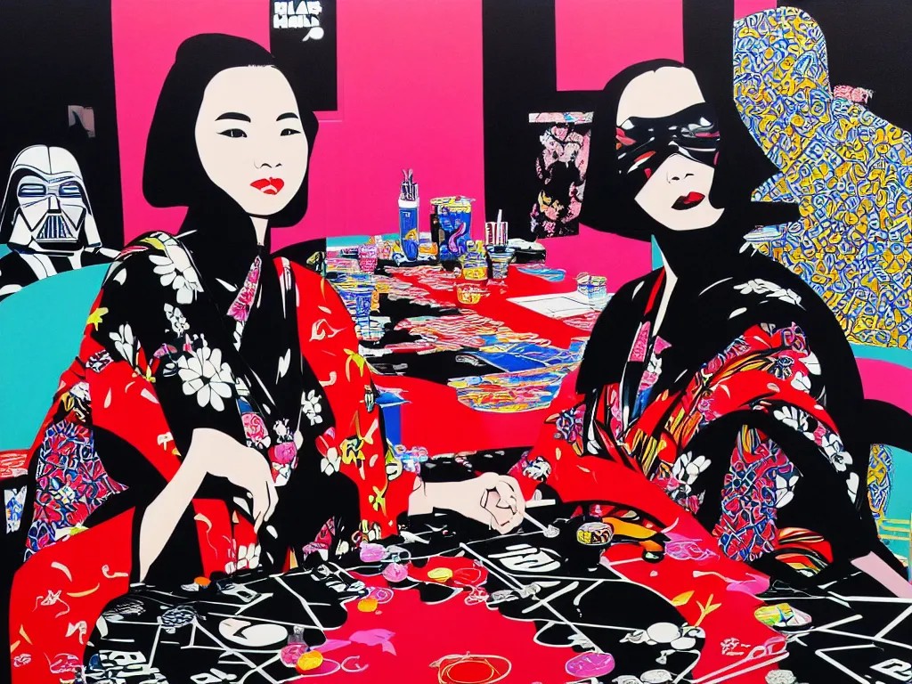 Image similar to hyperrealism composition of the detailed woman in a japanese kimono sitting at an extremely detailed poker table with darth vader, fireworks on the background, pop - art style, jacky tsai style, andy warhol style, acrylic on canvas