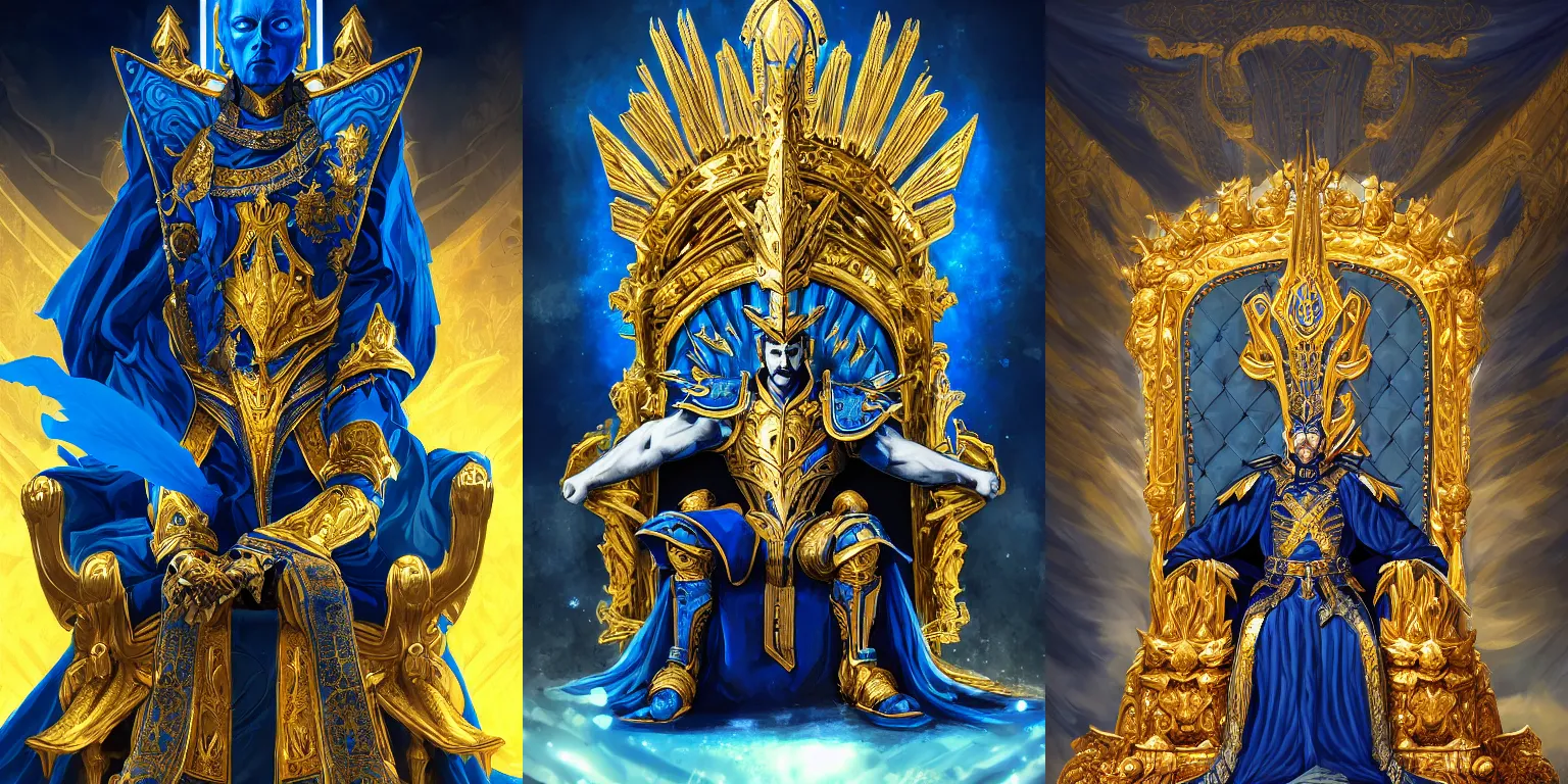 Image similar to Half-length portrait of the azur emperor sitting on its throne. Blue clothing, gold heavy armor. Dramatic, bloom, shadows. High fantasy, digital art, HD, 4k, detailed, illustration.