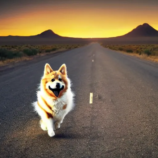 Prompt: siberian cat in a cowboy hat riding a corgi, wild west, sunset