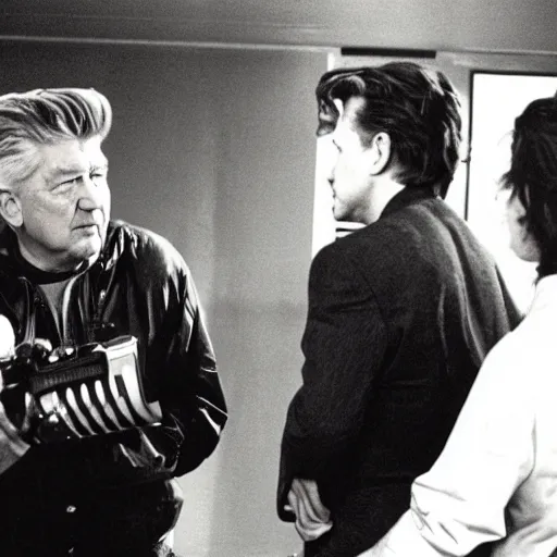 Image similar to David lynch directing on the set of Twin Peaks circa 1991