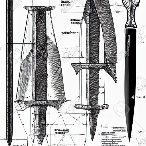 Image similar to black and white pen and ink sword design highly detailed technical drawing center page single item clear defined concept art