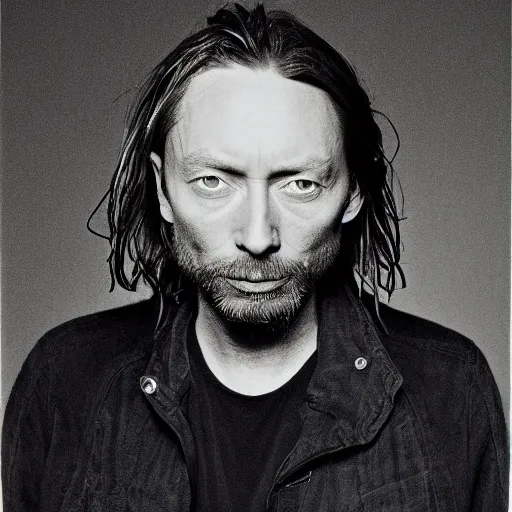 Image similar to Thom Yorke, a man with a beard and a black jacket, a portrait by John E. Berninger, dribble, neo-expressionism, uhd image, studio portrait, 1990s